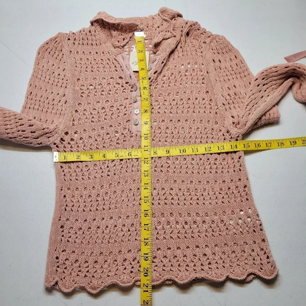 Free People Pointelle Pullover Mauve Rose Pink Crochet Button Up Women's Top NEW